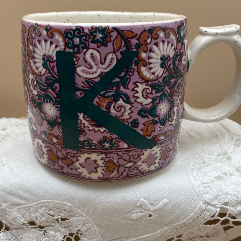 Anthropologie Initial K Coffee Mug Pink Teal Thumb Rest Stoneware